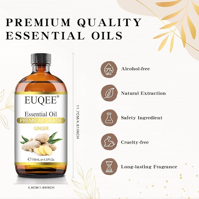 Ginger Essential Oil 118mL Pure Ginger Oil, Large Bottle Premium Essential Oil with Glass Dropper