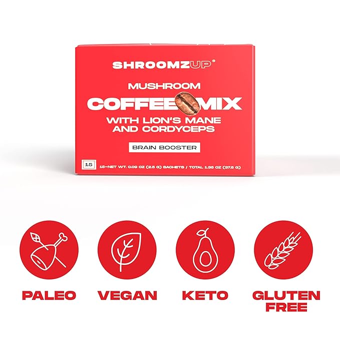 ShroomzUp Vegan Mushroom Coffee, Arabica Instant Coffee Mix With Lions Mane and Cordyceps for
