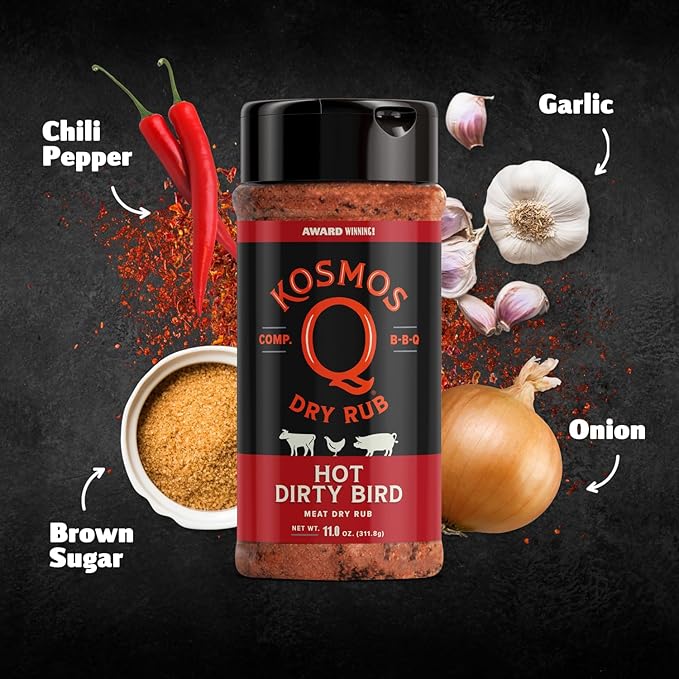 Kosmos Q Hot Dirty Bird BBQ Dry Rub, Spicy Seasoning with Chili Pepper, Brown Sugar, Garlic & Onion