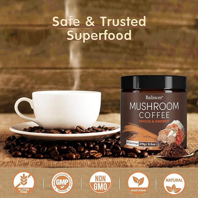 Mushroom Coffee, 6 Adaptogenic Mushrooms with Lion's Mane, Cordyceps, Turkey Tail & More, Instant