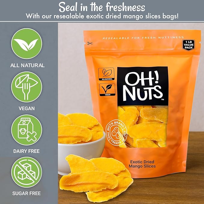 Oh! Nuts Exotic Dried Mango Slices - Sweetened Dehydrated Mango - 1lb Bulk Bag - Dried Mango Fruit