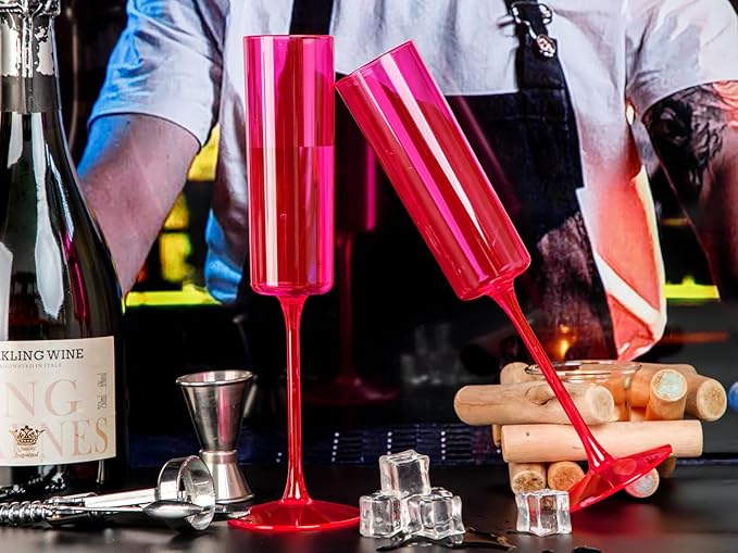 Ciaell 24 Pack Plastic Champagne Flutes - Hot Pink 6 Oz Disposable Champagne Glasses - Square