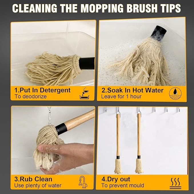Walfos BBQ Mop Brushes for Sauce, Grilling Basting Mop Wooden Long Handle with 3 Heads, for