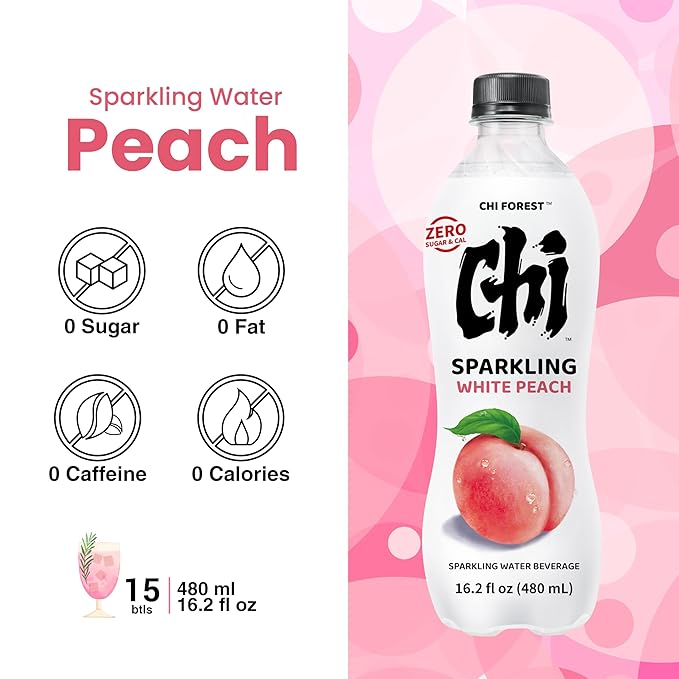 CHI FOREST Flavored Sparkling Water Beverage, White Peach, Zero Sugar, 16.2 fl oz Bottles (pack of