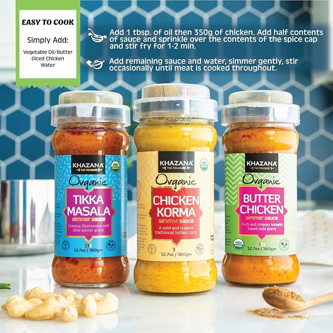Khazana ORGANIC Butter Chicken Simmer Sauce - 6 x 12.7oz Jars | Non-GMO, Vegan, Gluten-Free, Kosher