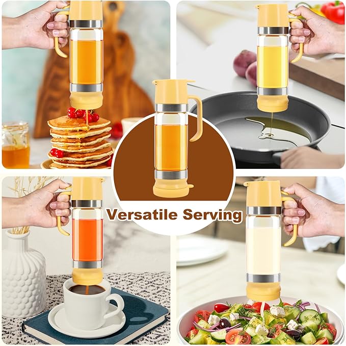 Glass Honey Dispenser No-Drip with Handle – 12 oz Maple Syrup Jar Dispenser for Coffee, Pancakes &