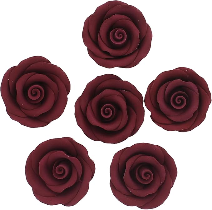 Global Sugar Art Premium Edible Roses, Burgundy, Unwired, Medium 1.5 inches, 12 Count by Chef Alan