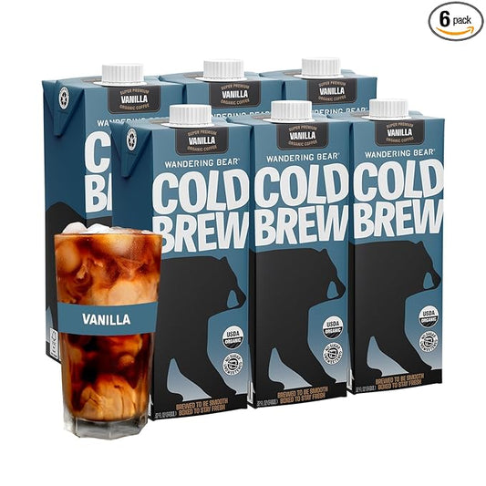 Wandering Bear Organic Vanilla Cold Brew Coffee, 32 fl oz, 6 pack - Extra Strong, Bold, Smooth