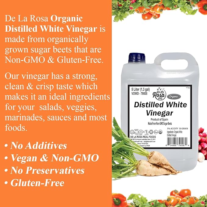 De La Rosa Organic Distilled White Vinegar, Raw & Unfiltered, Kosher for Passover, Vegan & Gluten