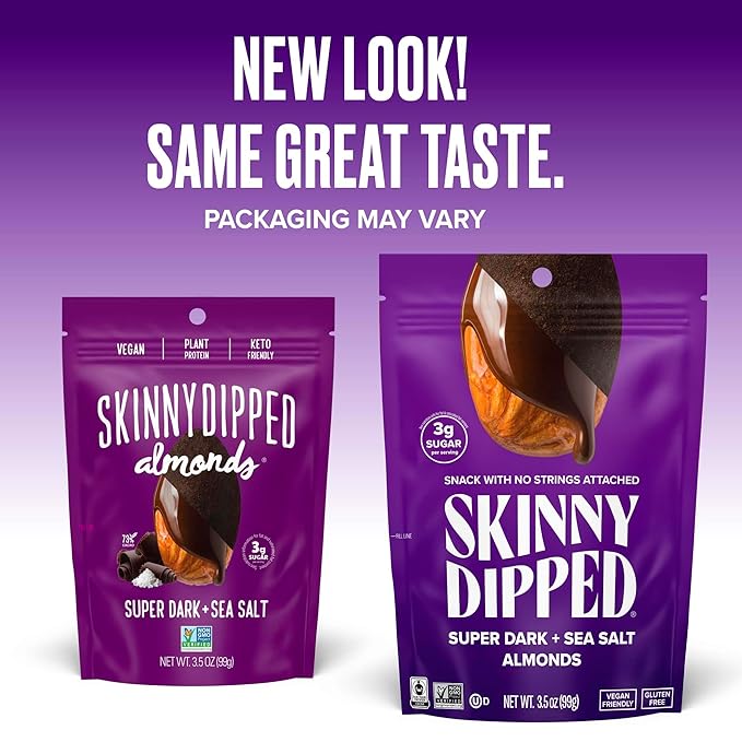 SkinnyDipped Super Dark Chocolate + Sea Salt Almonds, Vegan, Healthy Snack, Plant Protein, Gluten