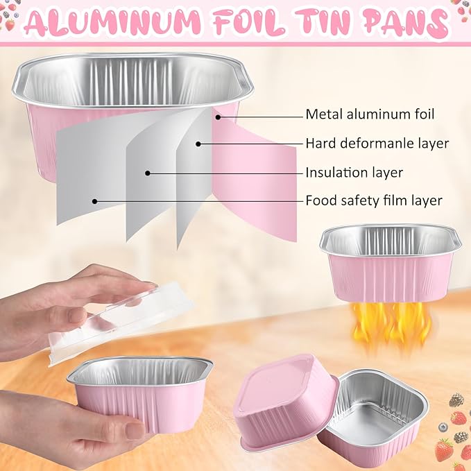 Aoriher 300 Pieces 10 oz Mini Cake Pans with Lids, Aluminum Foil Baking Cups, Square Disposable