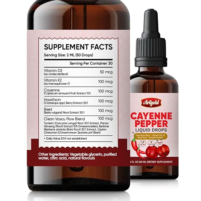 Arigold Cayenne Pepper Liquid Drops ??2 fl oz (60 ml) Vegan Supplement with Vitamin D3 K2, Hawthorn