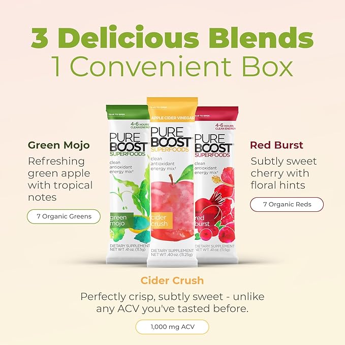 Pureboost Superfoods Clean Energy Booster, Energy Drink Mix with Apple Cider Vinegar, 7 Organic Red