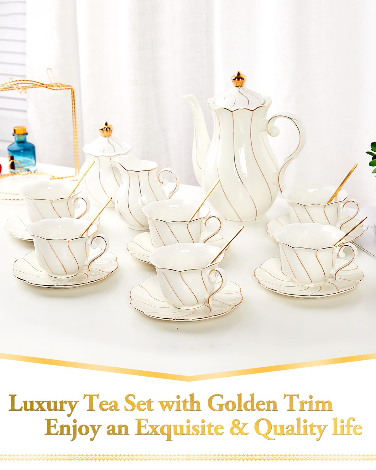 DUJUST 22 pcs White Porcelain Tea Set for 6, Luxury British Style Tea/Coffee Cup Set with Golden