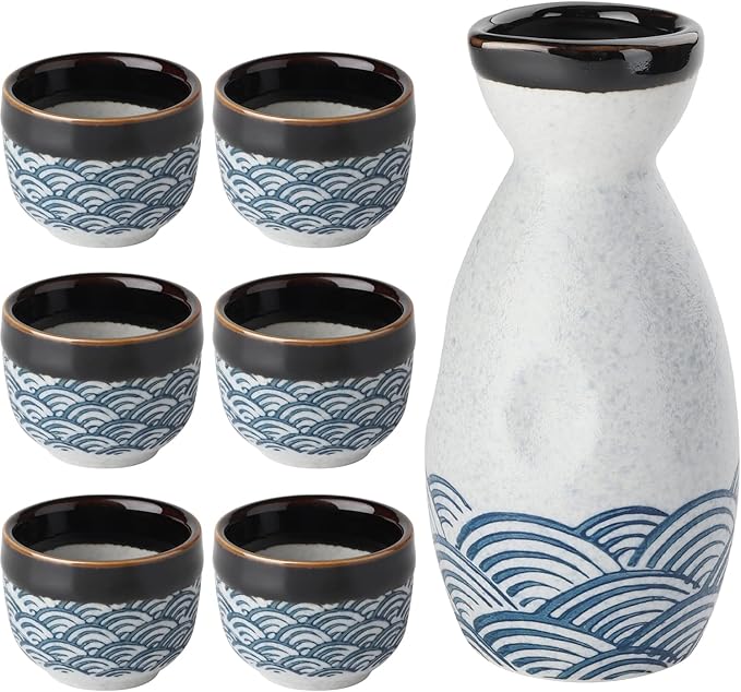 Sake Set Ceramic Japanese Sake Set of 7 include 1 Sake bottle 6 Sake Cups for Hot or Cold Sake at