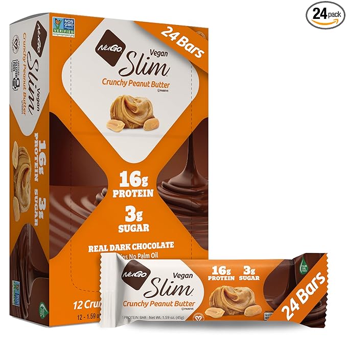 Nugo Slim Dark Chocolate Crunchy Peanut Butter, 16g Vegan Protein, 3g Sugar, 7g Fiber, Low Net