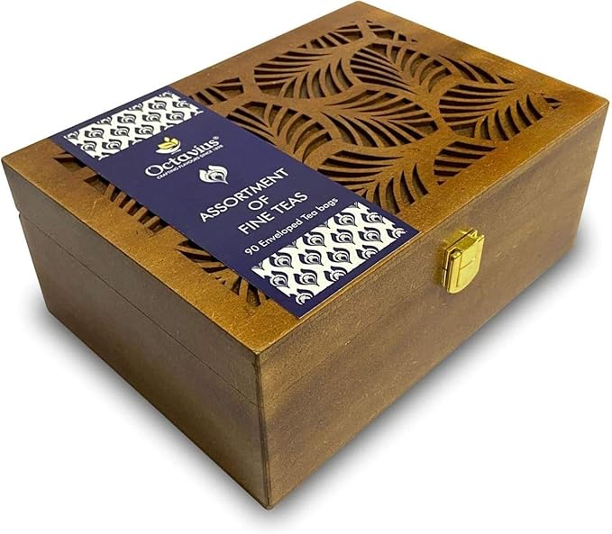Octavius Tea Gift Set - Assorted Black & Green Tea Bags in Wooden Box | 6 Flavors, 90 Count |