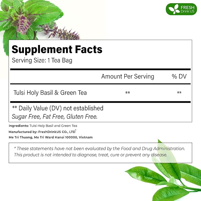 FreshDrinkUS, Premium 55 Tulsi Green Tea Bags, 100% Natural, Blend of Tulsi Holy Basil Leaves, and