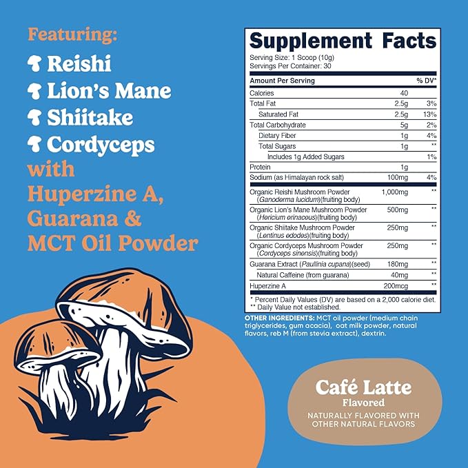 Nutricost Nutrizen AM Focus Adaptogenic Mushroom Drink (Cafe Latte Flavored) 30 Servings - Includes