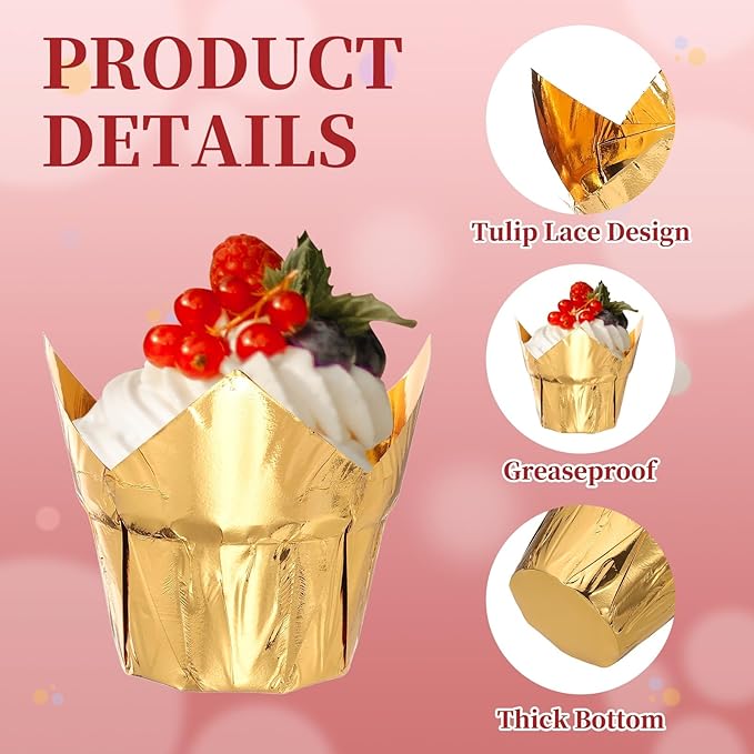 uxcell 100 Pcs Tulip Cupcake Liners, Muffins Liners Aluminum Foil Cupcake Wrappers Baking Cups