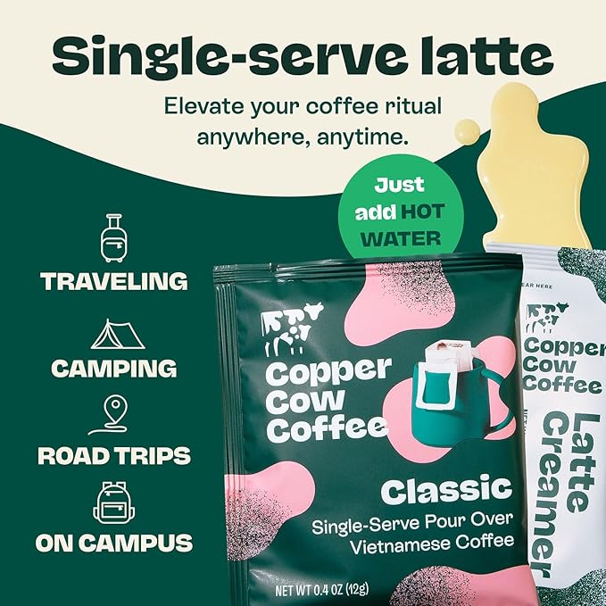 Copper Cow Coffee Pour Over Vietnamese Ground Coffee Pouches + Sweetened Condensed Milk Creamers (8