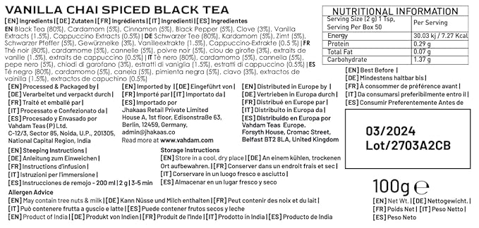 VAHDAM Vanilla Spiced Masala Chai | 3.53oz (50 Cups) Gluten Free Delicious Blend Of Vanilla &