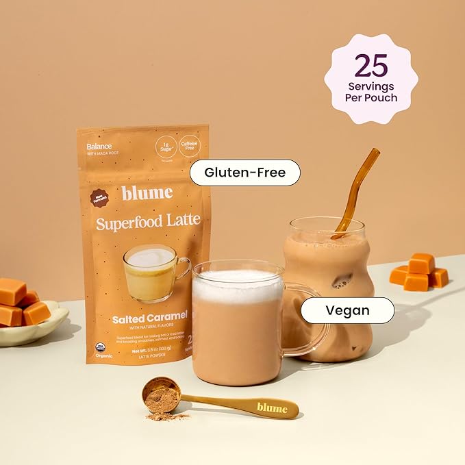 Blume Superfoods Latte - Salted Caramel Powder, Dandelion Root powder, Maca Powder, Pink Himalayan