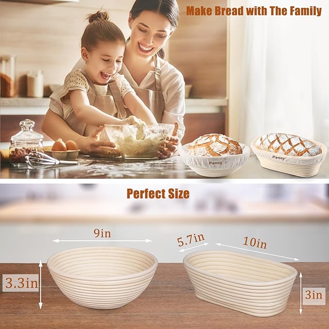 Panny Banneton Basket, Banneton Bread Proofing Basket with Liners, 9" Round & 10" Oval Sourdough