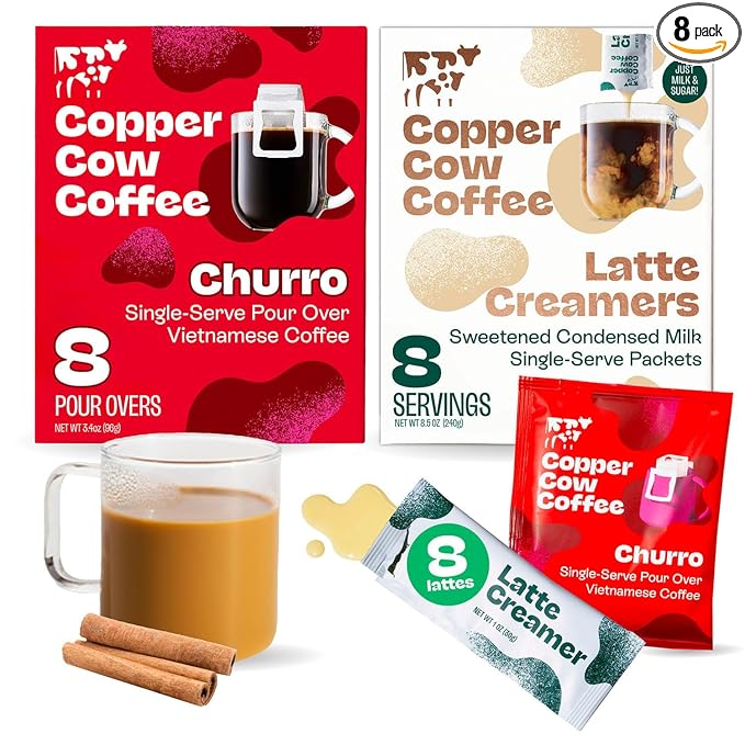 Copper Cow Coffee Pour Over Vietnamese Ground Coffee Pouches + Sweetened Condensed Milk Creamers (8