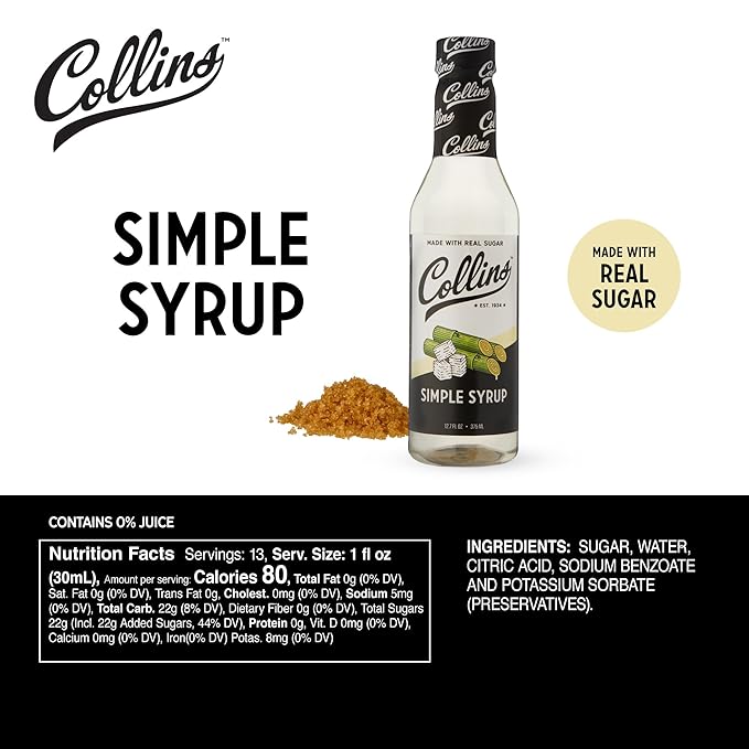 Collins Simple Syrup, Classic Simple Syrup, Soda Water Flavors for cocktails, Old Fashioned Syrup