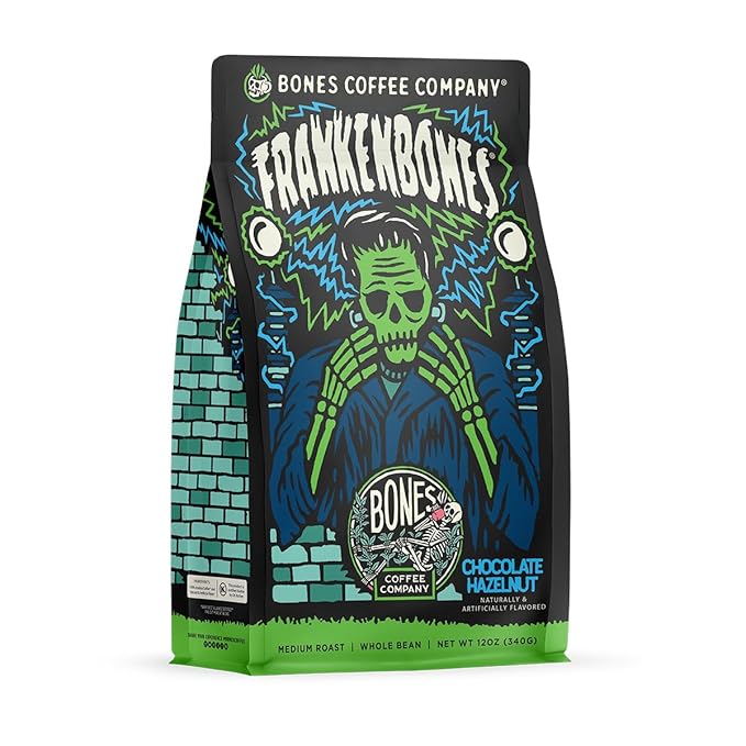 Bones Coffee Company Frankenbones Chocolate and Hazelnut Flavored Coffee, Medium Roast Low Acid