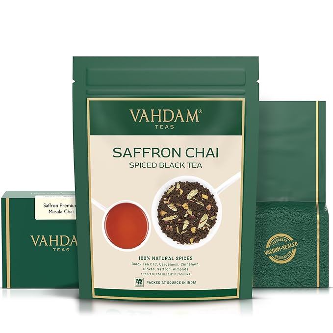 VAHDAM Saffron Spiced Chai (Loose Leaf, 50 Cups, 100g) | Black Tea with Cardamom, Cinnamon, Clove
