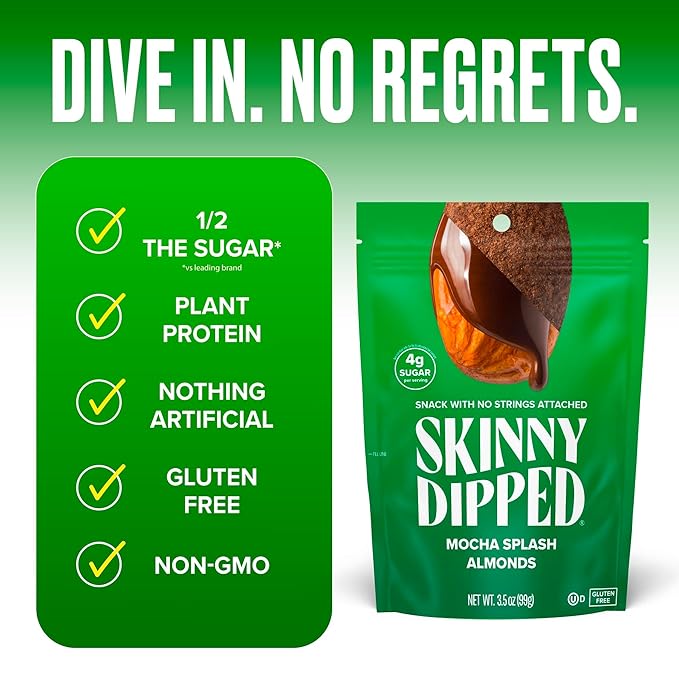 SkinnyDipped Mocha Splash Almonds, Healthy Snack, Plant Protein, Gluten Free, 3.5 oz Resealable