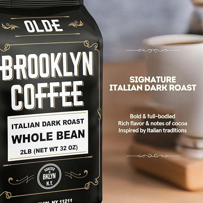 BROOKLYN COFFEE Whole Bean, Italian Dark Roast (2lb) Extra Strong, Delicious Taste, Heavenly Aroma