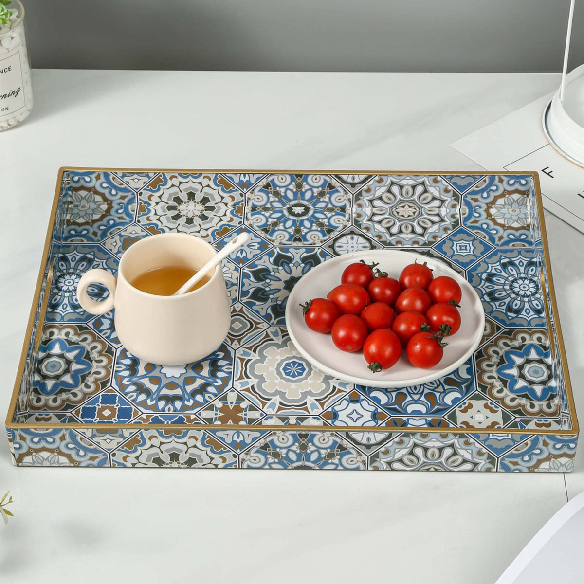 AGIOTA Boho Coffee Table Trays Serving Tray with Handles Large Tray for Ottoman Modern Decorative
