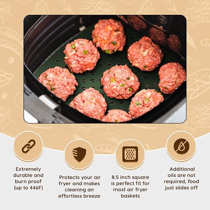 Reusable Square Silicone Air Fryer Liners (8.5 Inch, 3 Pack) by Linda’s Essentials - Non-Stick