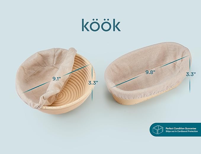 Bread Proofing Set, by Kook, Sourdough Bread, Rattan Baskets and Liners, 1 Round and 1 Oval