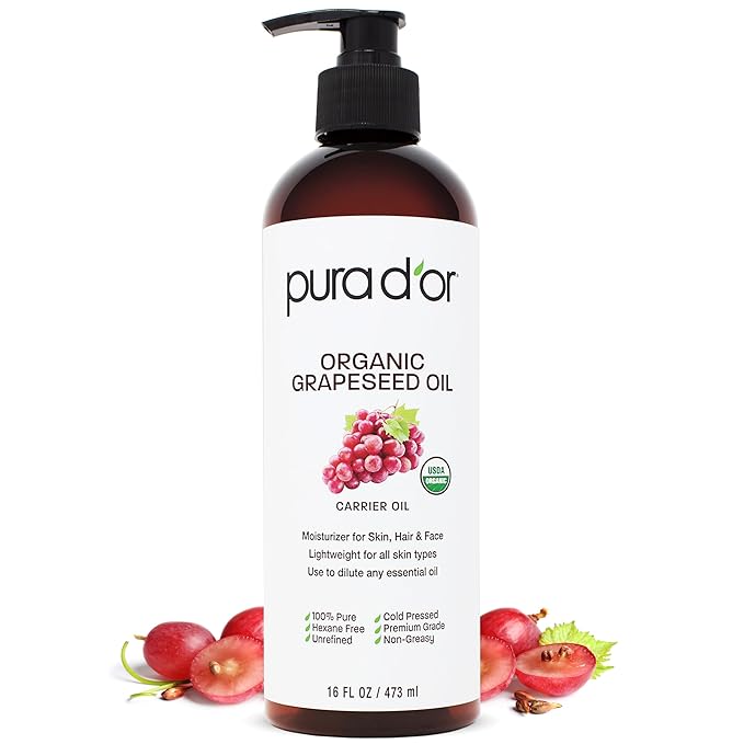 PURA D'OR 16 Oz Organic Grapeseed Oil - 100% Pure & Natural USDA Certified Cold Pressed Carrier Oil