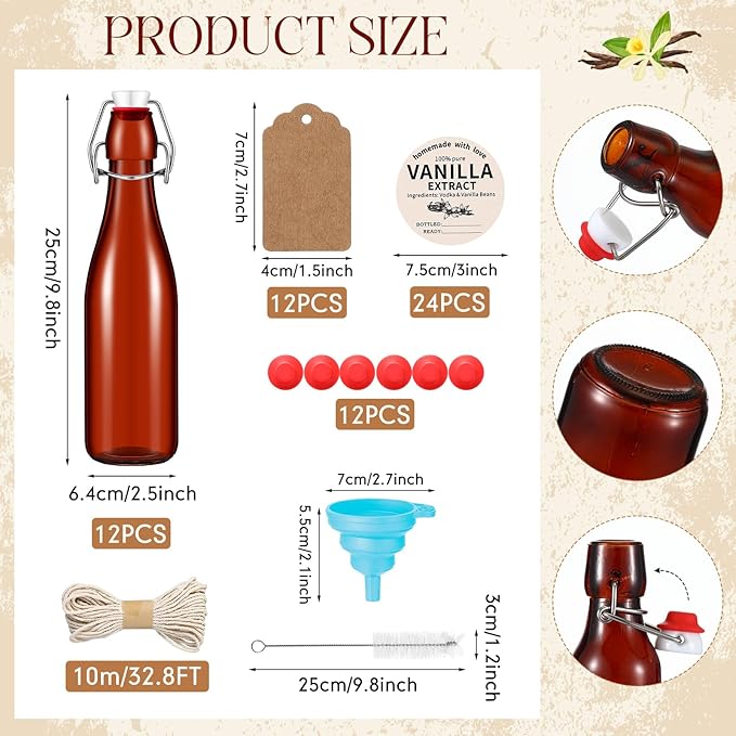 Vesici 12 Sets Swing Top Glass Bottles Set Amber Homemade Vanilla Extract Bottles with Stoppers