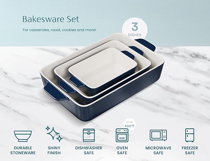 Kook Casserole Dish, Ceramic Baking Dish, Large Lasagna Pan Deep for Oven, 8.5 x 14, 11 x 7, 8 x 5