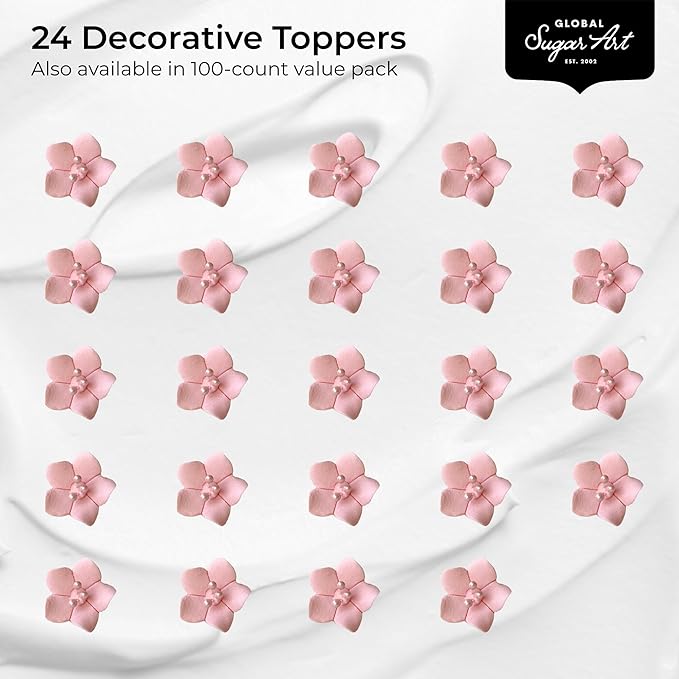 Global Sugar Art Blossom Sugar Cake Flowers with Pearl Stamens, Pink Unwired, 24 Count by Chef Alan