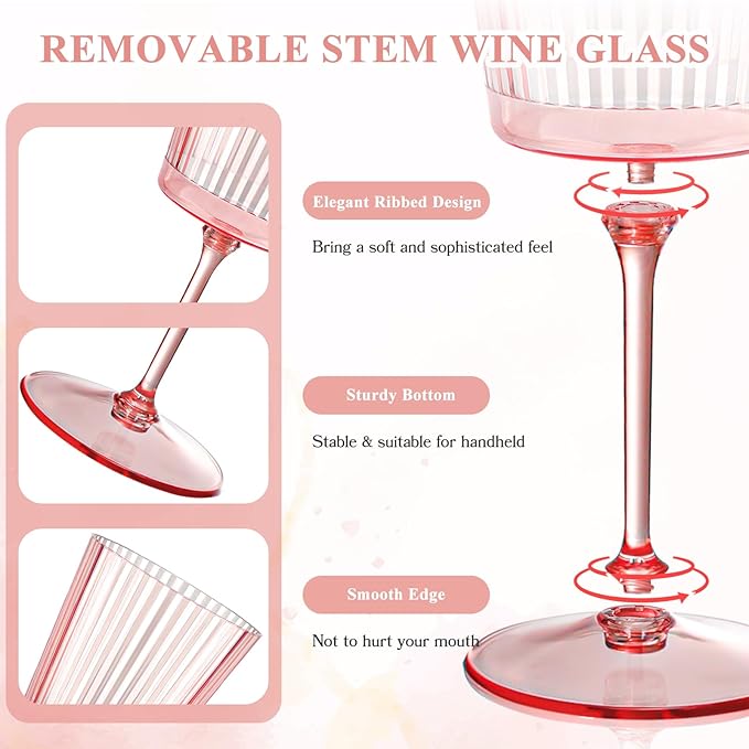 48 PCS Pink Plastic Wine Glasses with Removable Stems 13.5 Oz Pink Ribbed Wine Glasses Square White