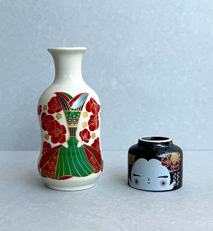 Japanese Traditional Kokeshi Design Sake Wine Soju Ceramic Set with 1 Ochoko Cup and 1 Tokkuri