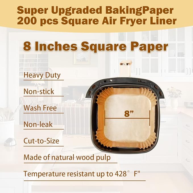 200 Pcs 8" Air Fryer Liner Square Baking Parchment Paper Airfryer Liners,Unbleached Disposable