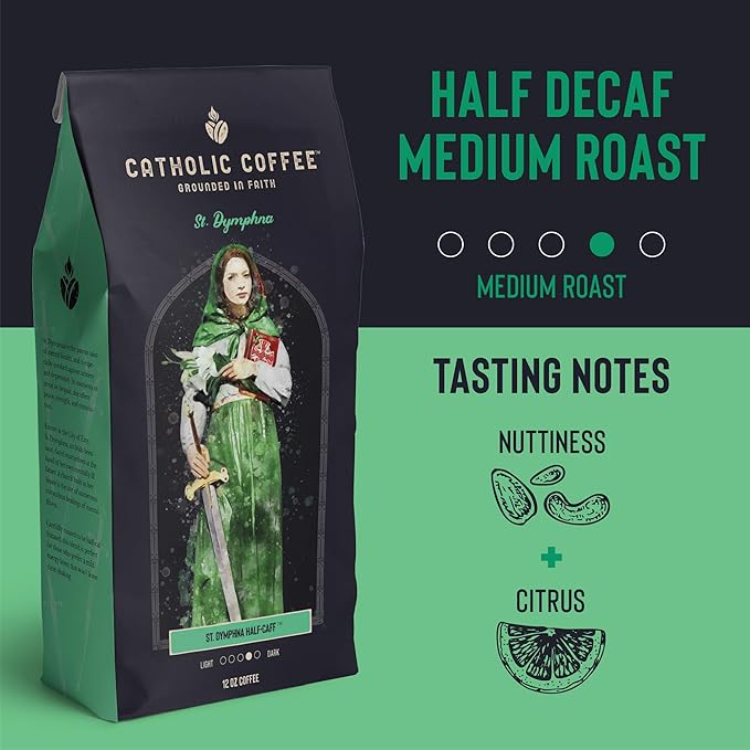 Catholic Coffee St. Dymphna | Half Decaf Medium Roast Ground Coffee ??Nutty & Citrus Notes | 12oz