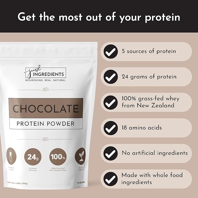 JUST INGREDIENTS Protein Powder | 15 Servings | 24g Protein | Chocolate Flavor Made with 100%