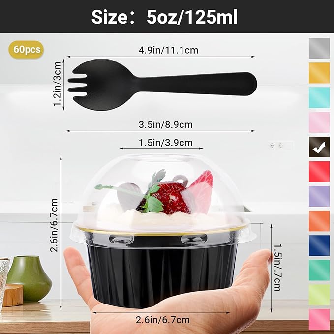 EUSOAR Creme Brulee Ramekins Disposable, 60pcs 5oz Foil Baking Cups with Lids and 60pcs Sporks