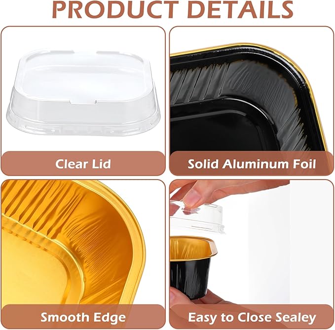 Aoriher 150 Pieces 10 oz Mini Cake Pans with Lids Aluminum Foil Baking Cups Square Disposable 4" x