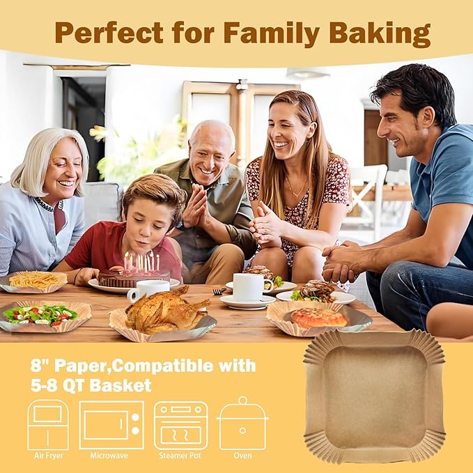200 Pcs 8" Air Fryer Liner Square Baking Parchment Paper Airfryer Liners,Unbleached Disposable