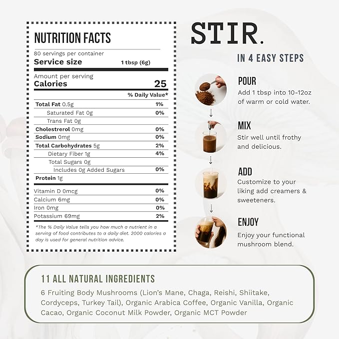 STIR Premium Instant Mushroom Coffee | Lion?™s Mane, Chaga, Reishi, Cordyceps, Shiitake, Turkey